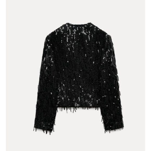 Zara Womens Sequin Blazer Jacket XS Black Fringe Textured Cropped 9659/630 NWT - Picture 4 of 16